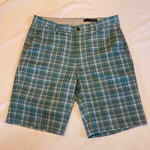 -Greg Norman Golf Shorts Green Plaid Flat Front Men’s Size 32